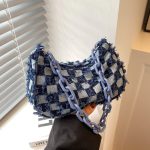 Wholesale Women Fashion Casual Denim Canvas Checkerboard Chain Shoulder Bag - Image 2