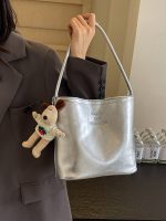 Women Fashion Casual Solid Color Pu Leather Bucket Shoulder Bag - Image 3