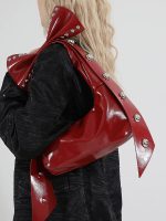 Women Fashion Solid Color Rivet Bowknot Oil Wax Leather Shoulder Bag - Image 2