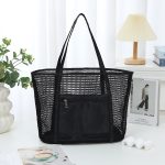 Women Fashion Solid Color Travel Portable Mesh Beach Tote Bag