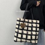 Women Fashionable Large Capacity Check Bear Pendant Canvas Tote Bag - Image 3