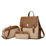 Wholesale Women Fashion Retro Color Block Backpack Three-Piece Bag Set - Image 4