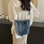Wholesale Fashion Contrast Color Stitching Large Capacity Denim Bucket Handbags - Image 4