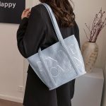 Wholesale Women Fashion Casual Solid Color Letter Embroidery Large Capacity Linen Jute Bags - Image 3