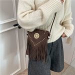 Women Fashion Retro Solid Color Rivet Tassel Shoulder Bag - Image 4