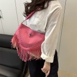 Women Fashion Casual Solid Color Rivet Soft Leather Tassel Shoulder Bag - Image 3
