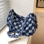 Wholesale Women Fashion Casual Denim Canvas Checkerboard Chain Shoulder Bag