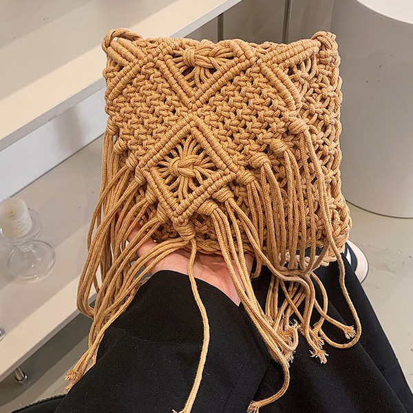 main_3-506 Women Casual Boho Solid Color Tassel Woven Vacation Shoulder Bag - Image 1