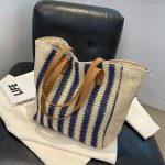 Women Casual Contrast Color Large Capacity Straw Woven Beach Tote Bag