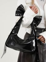 Women Fashion Solid Color Rivet Bowknot Oil Wax Leather Shoulder Bag - Image 3