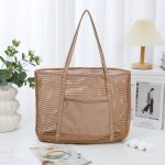 Women Fashion Solid Color Travel Portable Mesh Beach Tote Bag - Image 3