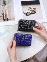 Women Fashion Solid Color Double Zipper Short Crocodile Pattern Multi-Card Wallets - Image 4
