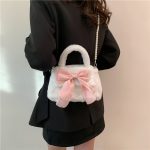 Wholesale Women Simple Cute Plush Bow Pearl Chain Crossbody Bag - Image 5