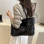 Women Fashion Casual Solid Color Sequins Large Capacity Shoulder Bag - Image 4