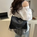 Women Fashion Casual Solid Color Rivet Soft Leather Tassel Shoulder Bag - Image 4