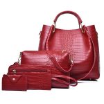 Women'S Fashion Retro Solid Color Crocodile Pattern Bucket Bag Four-Piece Bag Set - Image 5