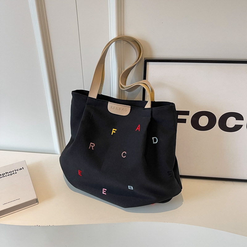 main_4-492 Wholesale Women Fashionable Solid Color Large Capacity Letter Embroidered Canvas Tote Bag - Image 1