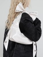 Women Fashion Solid Color Rivet Bowknot Oil Wax Leather Shoulder Bag - Image 4