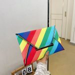 Wholesale Women Fashion Rainbow Color Block Envelope Rectangular Purses - Image 4