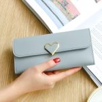 Wholesale Women Basic Heart Decoration Flap Design Solid Color PU Purse - Image 6