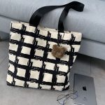 Women Fashionable Large Capacity Check Bear Pendant Canvas Tote Bag - Image 4