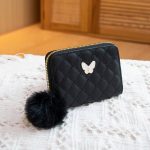 Women Fashion Embroidered Rhombus Butterfly Decorated Pom Pom Short Wallet - Image 6