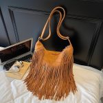 Women Fashion Casual Retro Large Capacity Tassel Frosted Shoulder Bag