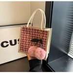 Wholesale Women Fashion Casual Color Block Cherry Pendant Linen Tote Bag - Image 2