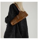 Wholesale Women Fashion Punk Oil Wax Rivet Solid Color Shoulder Bag - Image 3
