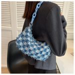 Wholesale Women Fashion Casual Denim Canvas Checkerboard Chain Shoulder Bag - Image 3