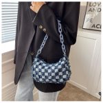 Wholesale Women Fashion Casual Denim Canvas Checkerboard Chain Shoulder Bag - Image 4