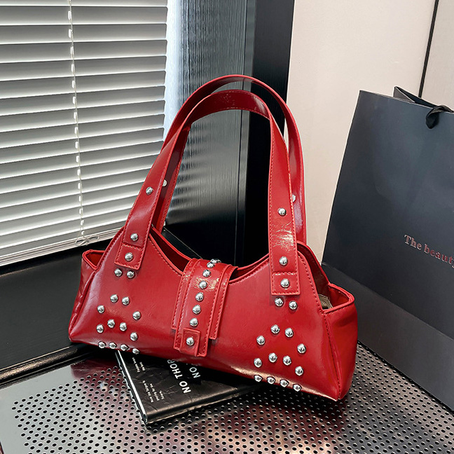 product_3-6 Wholesale Women Fashion Punk Oil Wax Rivet Solid Color Shoulder Bag - Image 1