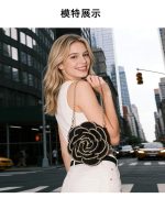 Stylish Gold-Trimmed Camellia Flower Woven Beach Bag - Image 13