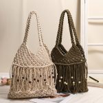 Stylish Woven Cotton Shoulder Bag with Tassels